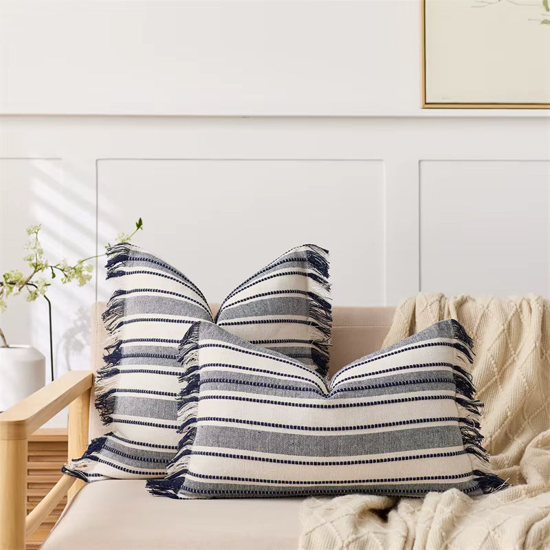Embroidered Stripe Fringed Cushion Cover